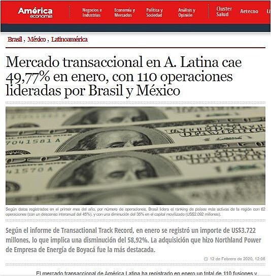 Mercado transaccional en A. Latina cae 49,77% en enero, con 110 operaciones lideradas por Brasil y Mxico